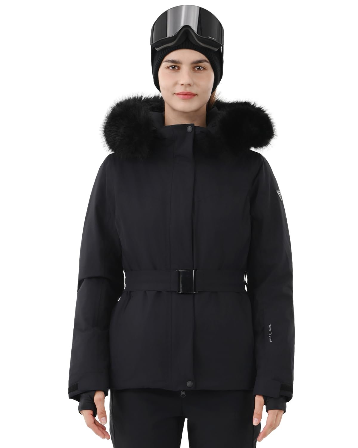 Womens Ski Jacket Fitted Belted Snow Coat with Fur Hood
