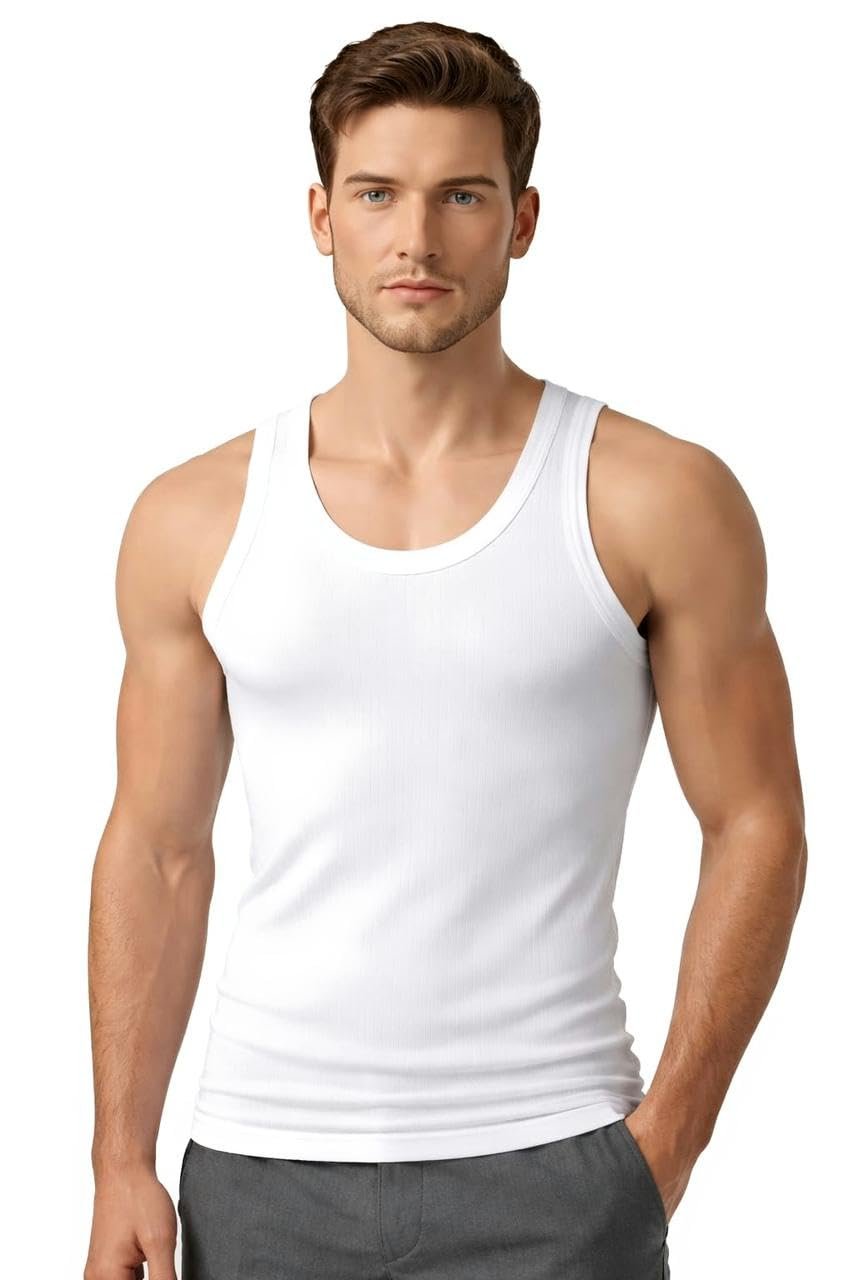 Men's White Cotton Sleeveless Vest, Classic Tank Top Undershirt (in, Alpha, Regular)