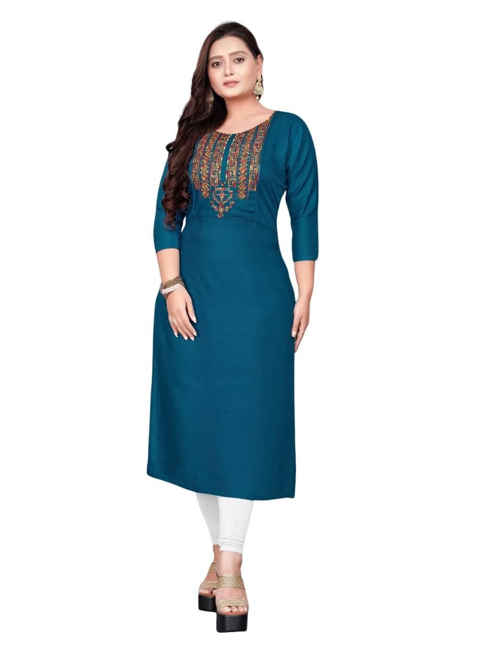 Raghav Silk Cotton Blend Straight Embroidery Kurti for Women (in, Alpha, Teal)