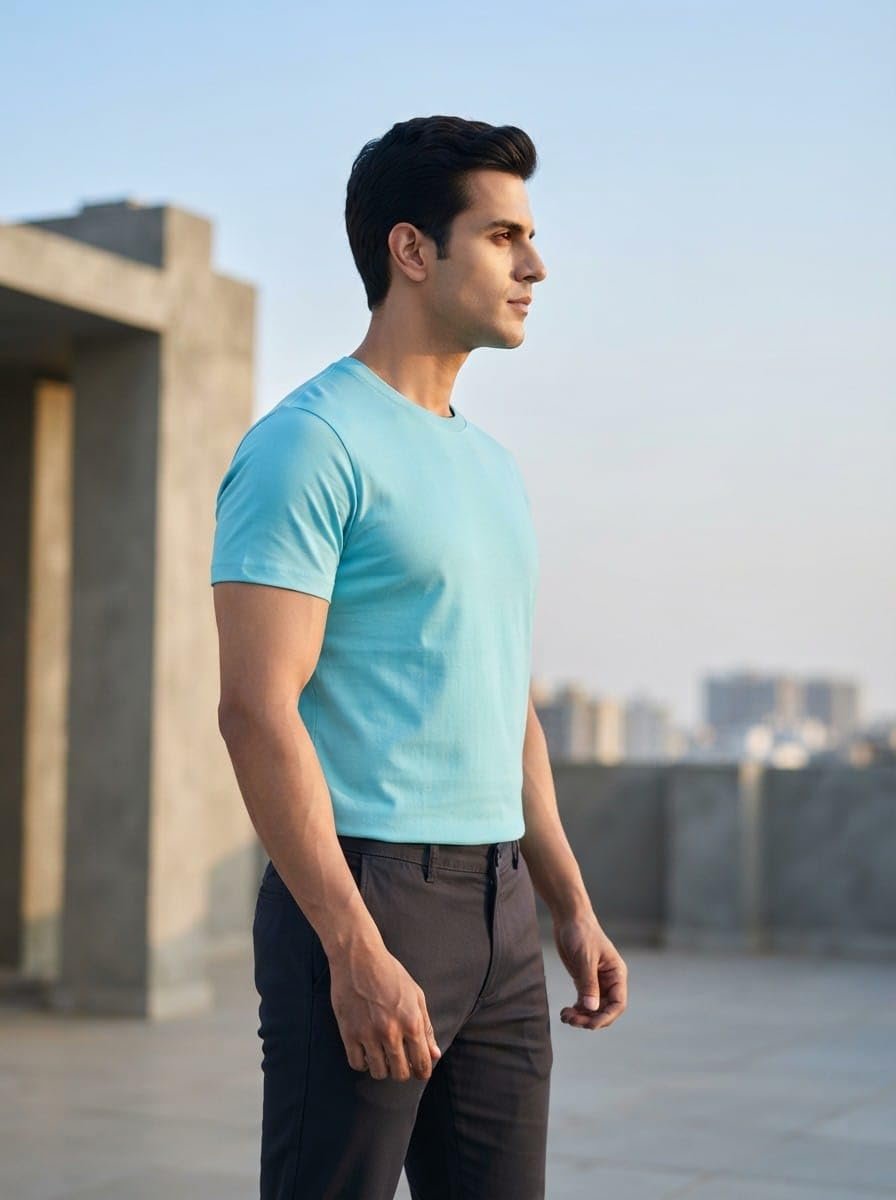 Men's Premium 100% Pure Cotton Crew Neck T-Shirt | 180 GSM Combed Cotton | Soft Breathable Regular Fit Half Sleeve Tee Sky Blue - Image 3