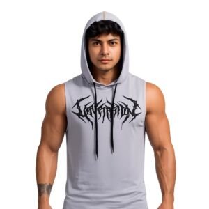 Men's Sleeveless Hoodie Tank Top, Grey Graphic Print