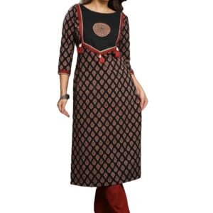 Raghav Silk Pure Cotton Ajrakh Print Straight Kurti for Women (in, Alpha, Black)