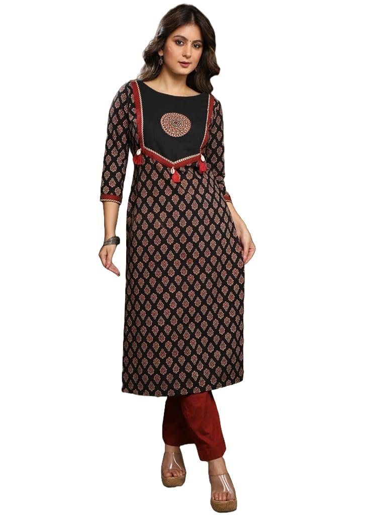 Raghav Silk Pure Cotton Ajrakh Print Straight Kurti for Women (in, Alpha, Black)