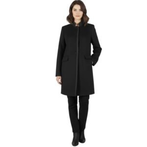 Women's Long Wool Blend Overcoat, Full Length Winter Coat, Solid Colors, Warm Formal Outerwear with Collar and Pockets (Black Grey Line)