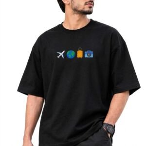 Travelling Design Embroidery Oversized T-Shirt (Regular, Black)