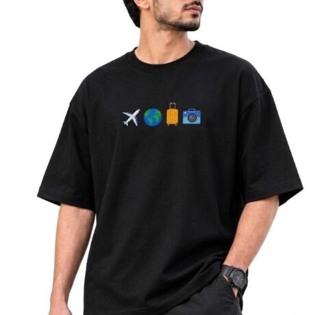 Travelling Design Embroidery Oversized T-Shirt (Regular, Black)