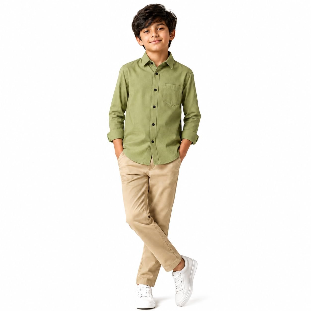 Boy Premium Cotton Blend Regular Fit Full Sleeves Plain Shirt for Boys with Elegant Design | Stylish & Comfortable Shirt for Casual Outings (in, Age, 14 Years, 15 Years, Regular, Boys, Olive Green) - Image 2