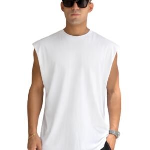 Men's Oversized Tank Top | 240 GSM Premium Heavyweight Cotton | Boxy Fit Sleeveless T-Shirt | Plain Solid Casual & Gym Wear White