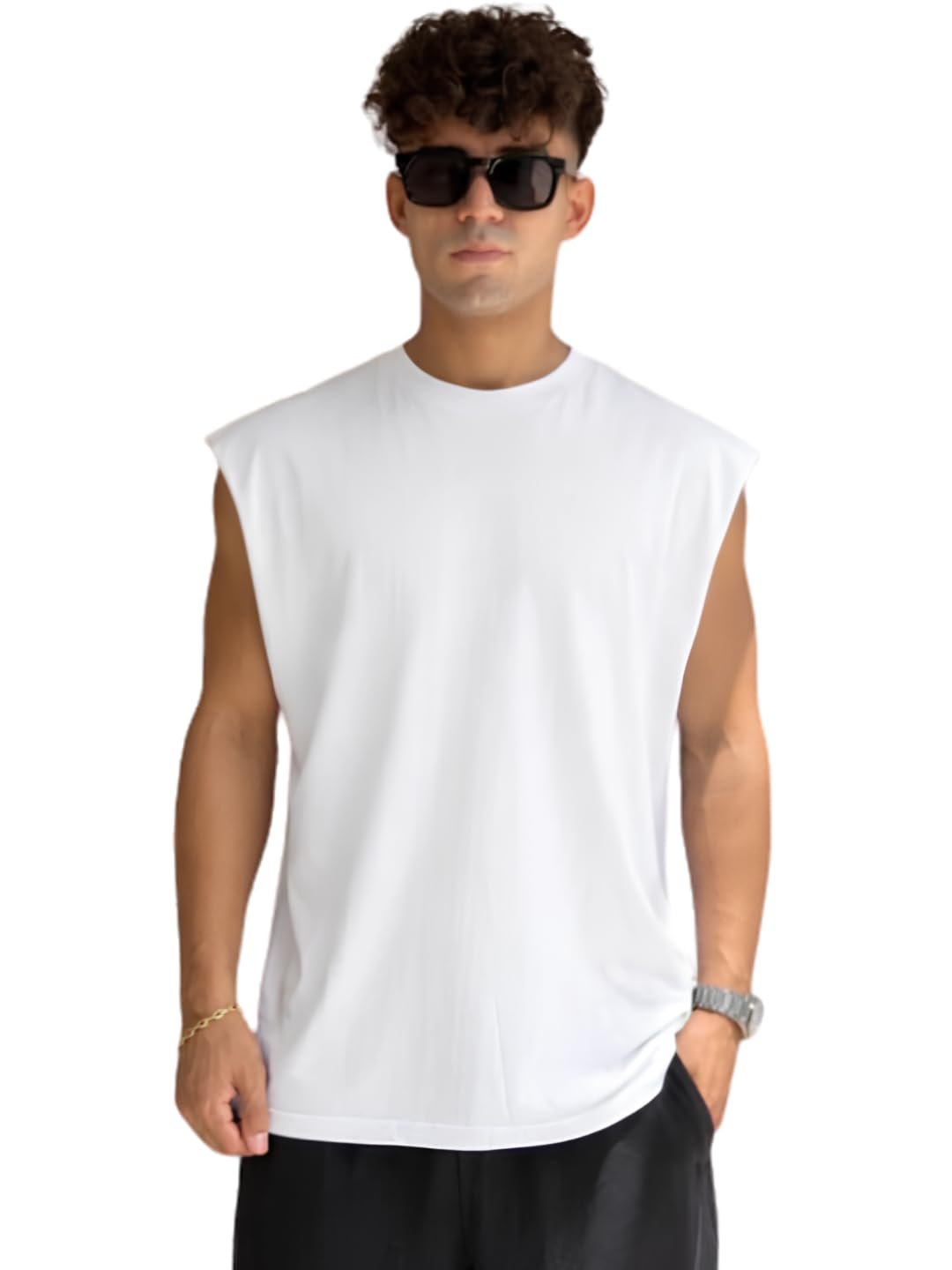 Men's Oversized Tank Top | 240 GSM Premium Heavyweight Cotton | Boxy Fit Sleeveless T-Shirt | Plain Solid Casual & Gym Wear White