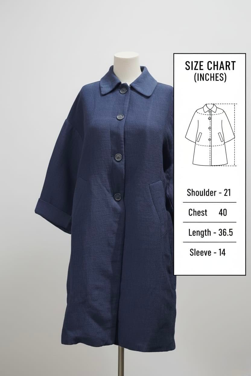 Navy Blue Double Breasted Wool Blend Overcoat For Women, Size L, Formal Winter Coat, Long Sleeve - Image 6