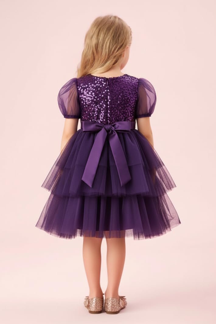 Girls Sequin Tulle Party Dress Toddler Little Kids Puff Sleeve Princess Dress with Bow, Layered Tutu Skirt, Wedding, Birthday, Holiday Purple - Image 3