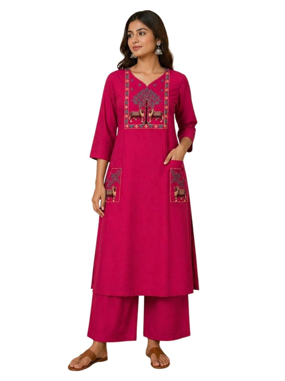 Women's Embroidery Work Kurta & Plazo | 2 Piece Kurta Set With Two side Pocket Kurti | Kurti & Plazo Set | Stylish Cotton Suit Set for Women, Festival (IN, Alpha, Regular, Womens, Pink)