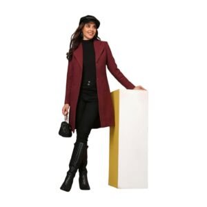 Women Notched Lapel Single-Breasted Overcoat Maroon