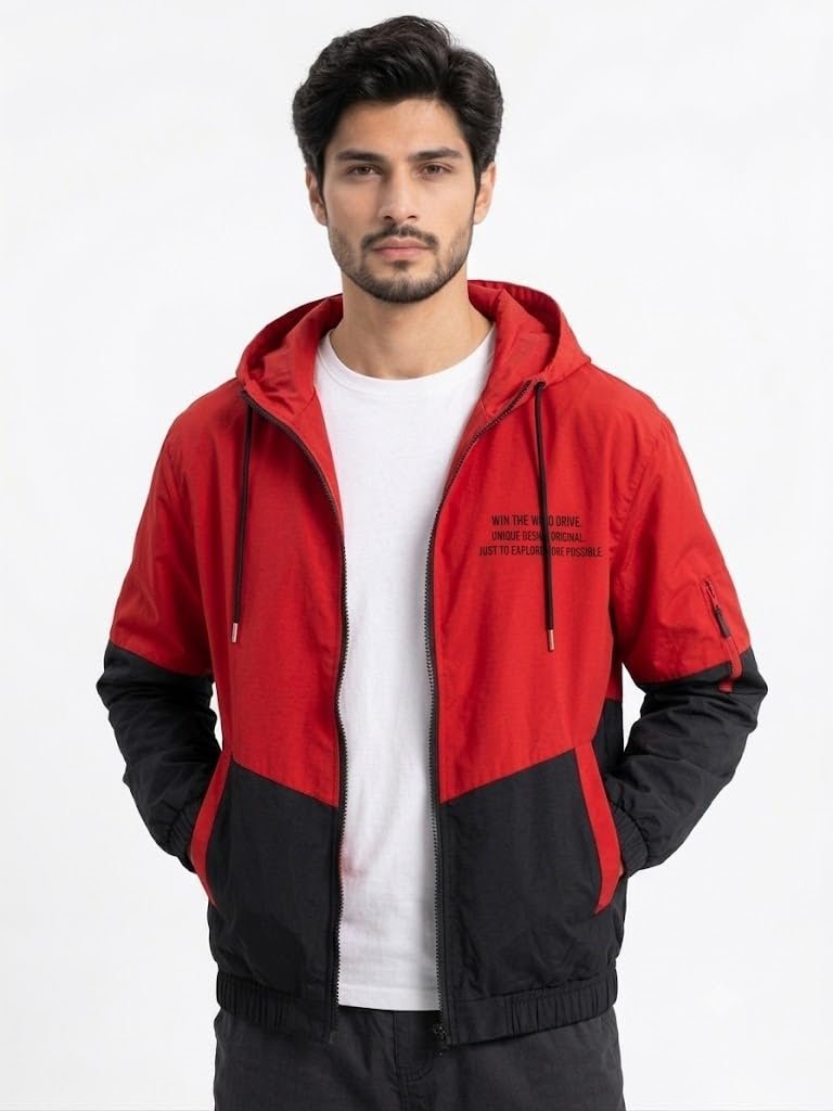 Men Jacket, Hooded Full Zip Color Block Windbreaker, Lightweight Casual Jacket with Long Sleeves, Drawstring Hood and Side Pockets - Image 4