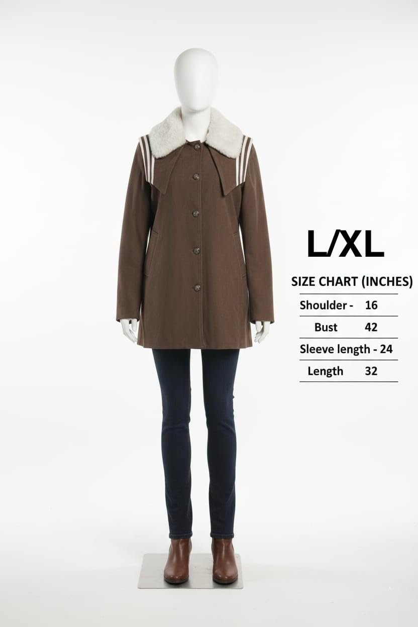 Women’s Wool Blend Winter Overcoat Collar, Long Warm Coat, Elegant Party/Jacket for Women (Brown With White Fur Size L/XL) - Image 5