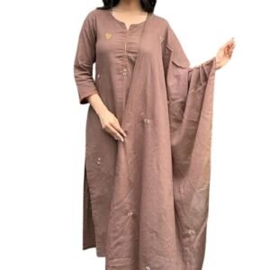 Women's Cotton Kurta Set, Regular Fit, Brown, with Dupatta, 3 Piece Set (IN, Alpha, Regular, Standard, Brown)
