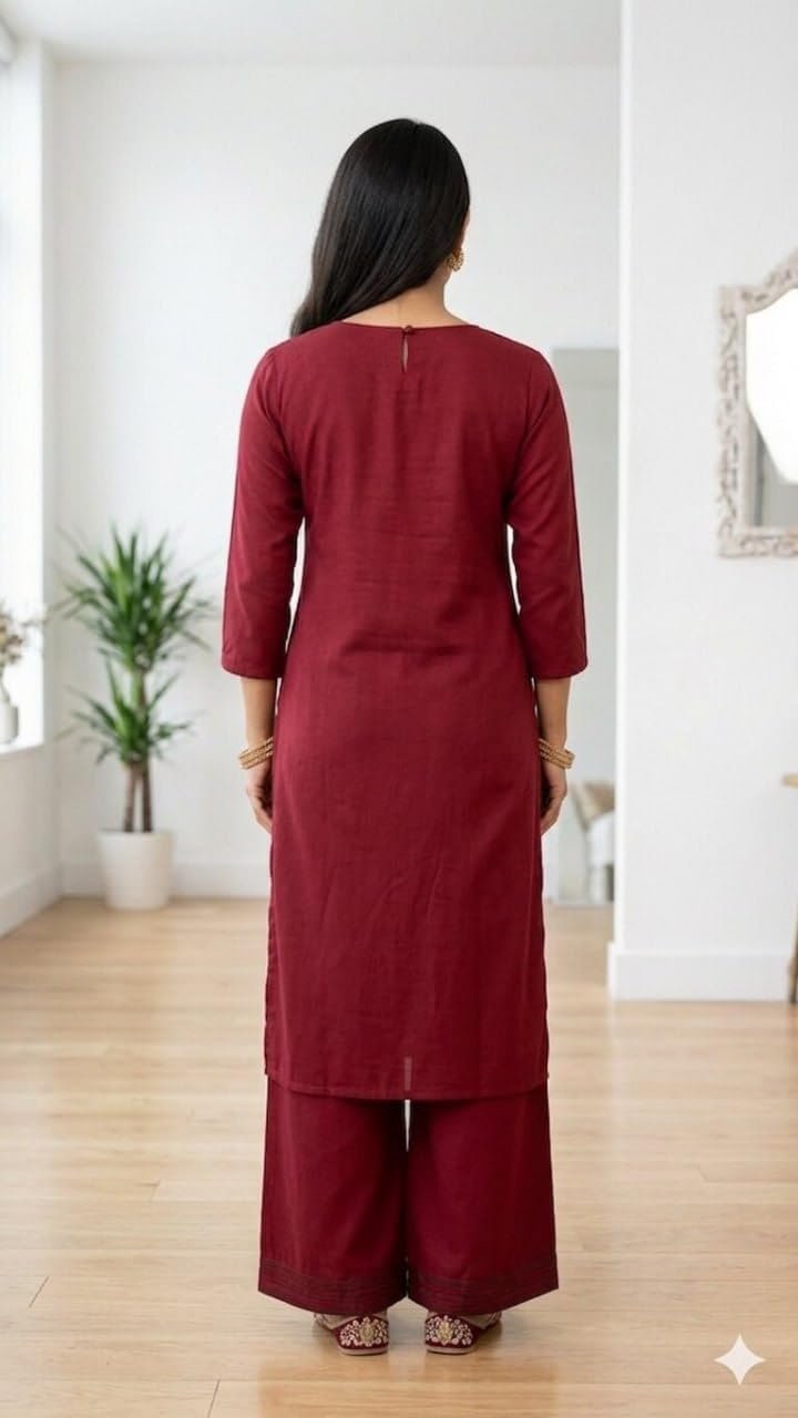 Women's Cotton A-Line Printed Co-Ord Set with Palazzo | Kurta Set for Women | A-Line Kurti Co-Ord Set | Printed Kurti Palazzo | Women Kurta Set (IN, Alpha, Regular, Wome, maroon) - Image 3