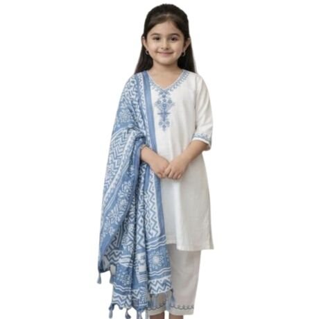 Girls Khadi Cotton Embroidered Work 3-Piece Salwar Suit Set With Floral Printed Dupatta Traditional Ethnic Outfit for Festive Functions (IN, Age, 12 Years, 13 Years, Regular, Baby Girls, Blue)