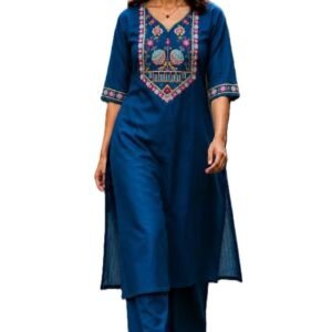 Women's Cotton V-Neck Kurta Set, 3/4 Sleeve Embroidered Festive and Occasion Straight Kurti with Matching Palazzo Pants Blue 3XL