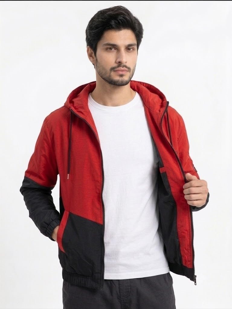 Men Jacket, Hooded Full Zip Color Block Windbreaker, Lightweight Casual Jacket with Long Sleeves, Drawstring Hood and Side Pockets - Image 2