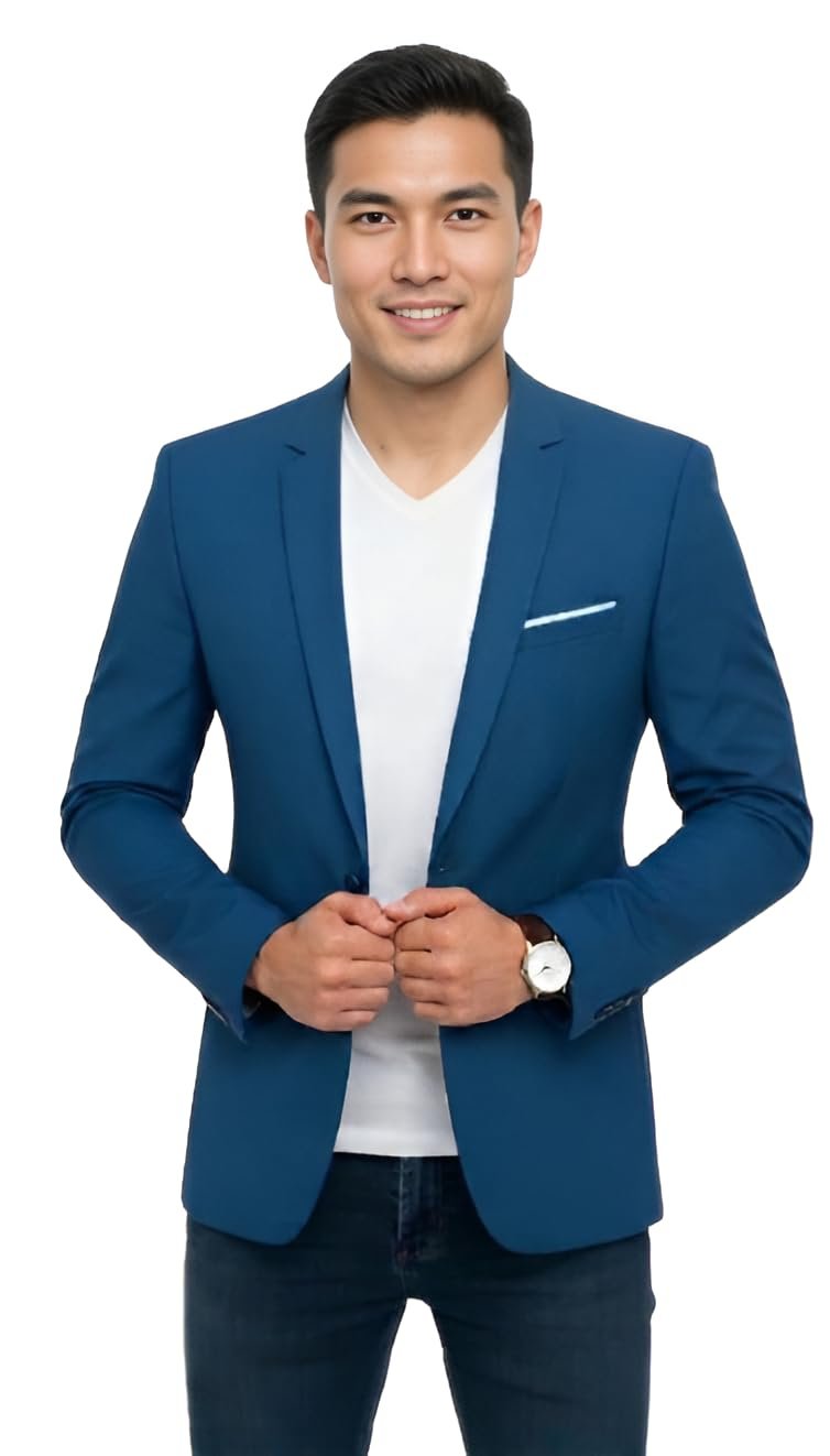Men's Slim Fit Blazer, Blue, Notch Lapel, Smart Casual Sport Coat with Chest Pocket (in, Numeric, 44)