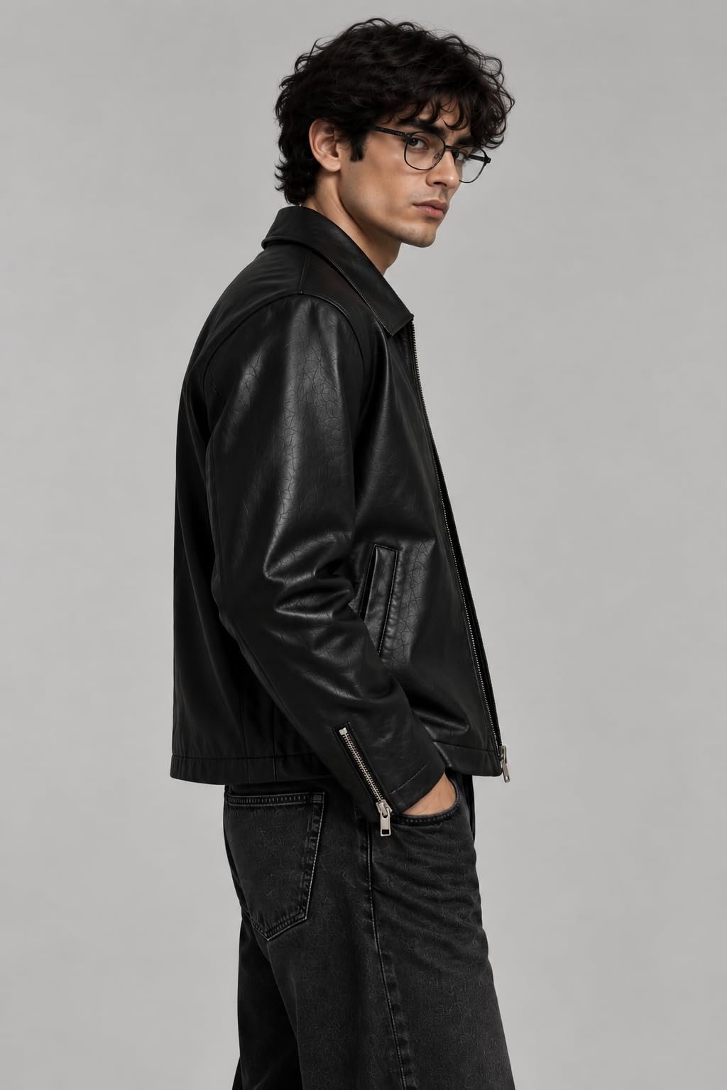 Men's Black Faux Leather Biker Jacket with Zip Closure - Image 3
