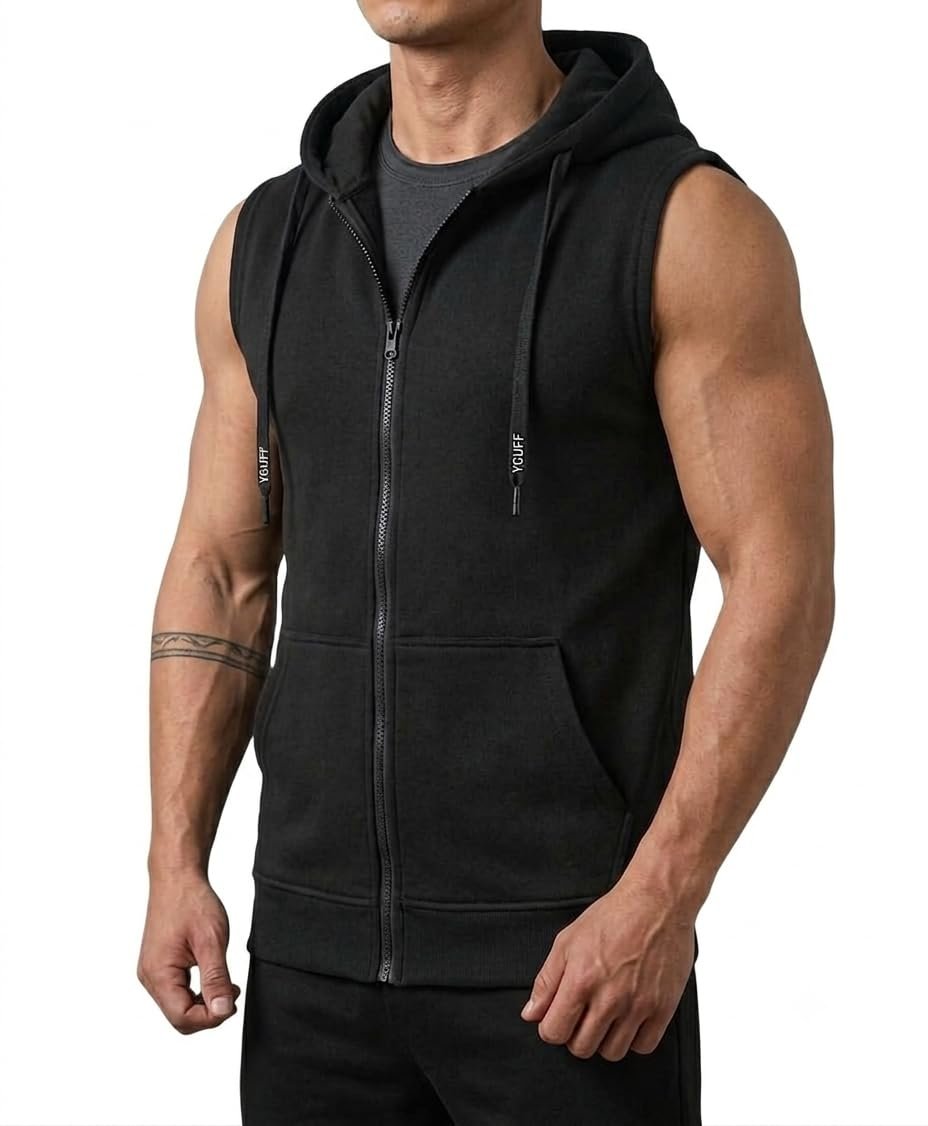Men's Sleeveless Fleece Hoodie Jacket | Zip-Up Hooded Vest with Drawstring | Slim Fit Casual Sportswear Tank Top with 2 Side Pockets | Lightweight Winter & Gym Wear (in, Alpha, Regular, Black)