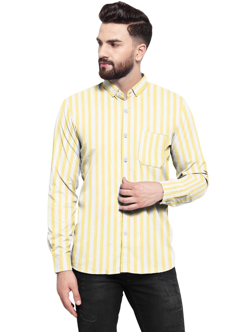 Men's Slim Fit Striped Spread Collar Casual Cotton Blend Shirt (XX-Large, Yellow)