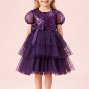 Girls Sequin Tulle Party Dress Toddler Little Kids Puff Sleeve Princess Dress with Bow, Layered Tutu Skirt, Wedding, Birthday, Holiday Purple