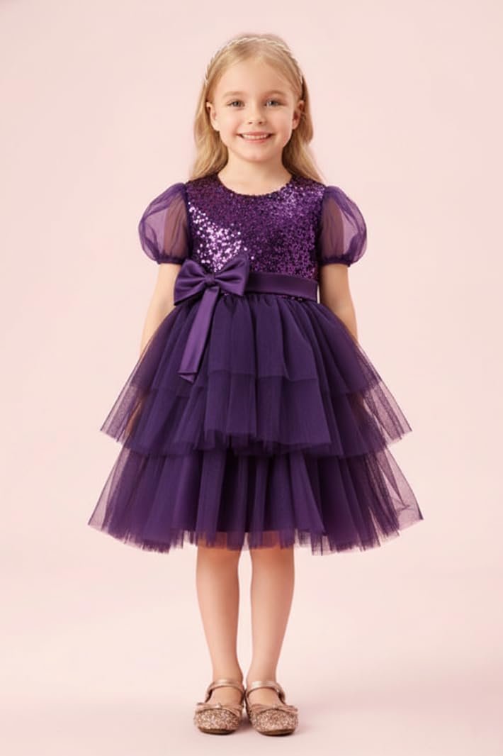 Girls Sequin Tulle Party Dress Toddler Little Kids Puff Sleeve Princess Dress with Bow, Layered Tutu Skirt, Wedding, Birthday, Holiday Purple