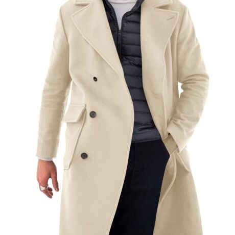 Mens Trench Coat Slim Fit Double Breasted Long Overcoat Winter Pea Coat, Khaki, X-Large