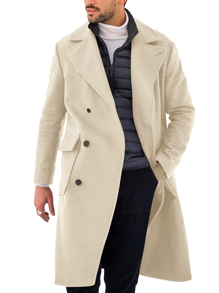Mens Trench Coat Slim Fit Double Breasted Long Overcoat Winter Pea Coat, Khaki, X-Large