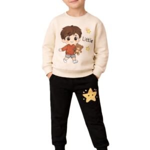 Boy’s Cotton Blend Printed Sweatshirt & Jogger Set with Long Sleeve Pullover with Elastic Waist Pants Casual 2-Piece Outfit Ideal for Toddlers & Kids (1-2Yr-Off White)