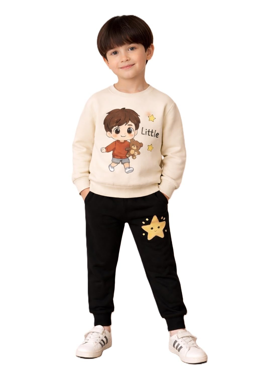 Boy’s Cotton Blend Printed Sweatshirt & Jogger Set with Long Sleeve Pullover with Elastic Waist Pants Casual 2-Piece Outfit Ideal for Toddlers & Kids (1-2Yr-Off White)