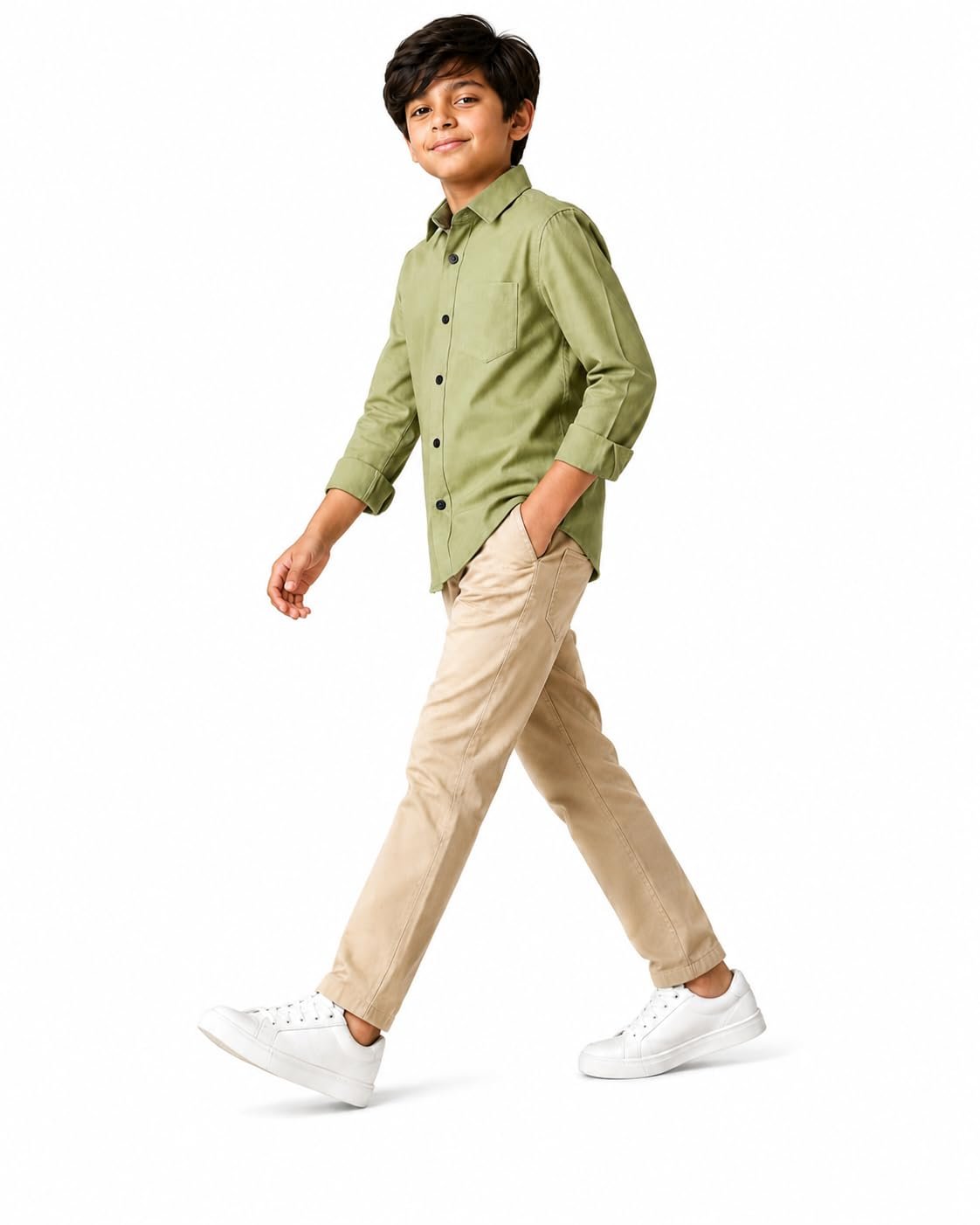 Boy Premium Cotton Blend Regular Fit Full Sleeves Plain Shirt for Boys with Elegant Design | Stylish & Comfortable Shirt for Casual Outings (in, Age, 14 Years, 15 Years, Regular, Boys, Olive Green) - Image 3