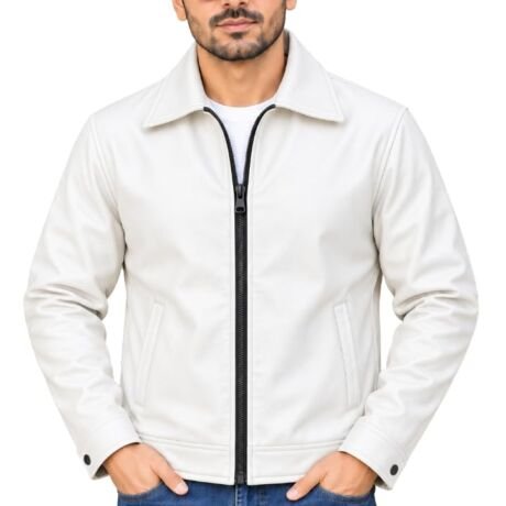 Men's Stylish Leather Jacket | Full Sleeve Zip-Up Winter Jacket with Shirt Collar, Side Pockets & Cuffed Sleeves | Casual Outerwear for Men (IN, Alpha, Regular, White)