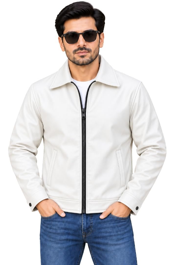 Men's Stylish Leather Jacket | Full Sleeve Zip-Up Winter Jacket with Shirt Collar, Side Pockets & Cuffed Sleeves | Casual Outerwear for Men (IN, Alpha, Regular, White)
