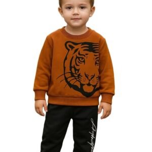 Indhrani Textiles Kids Clothes for Boys | Tiger Print Sweatshirt & Black Jogger Pant Set | Cotton Stylish Toddler Boys Clothes for Casual Wear, Orange 5-6 year