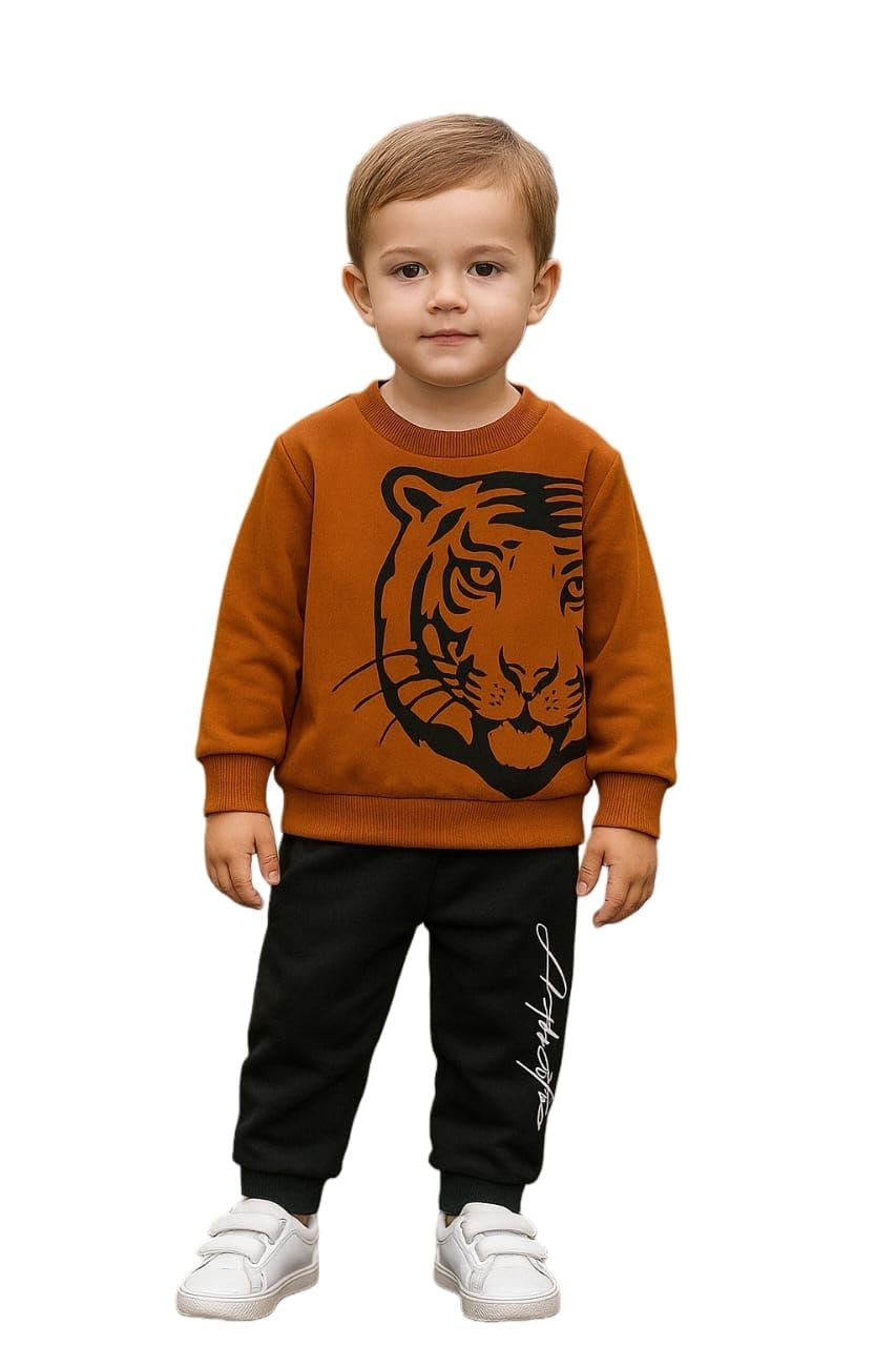 Indhrani Textiles Kids Clothes for Boys | Tiger Print Sweatshirt & Black Jogger Pant Set | Cotton Stylish Toddler Boys Clothes for Casual Wear, Orange 5-6 year