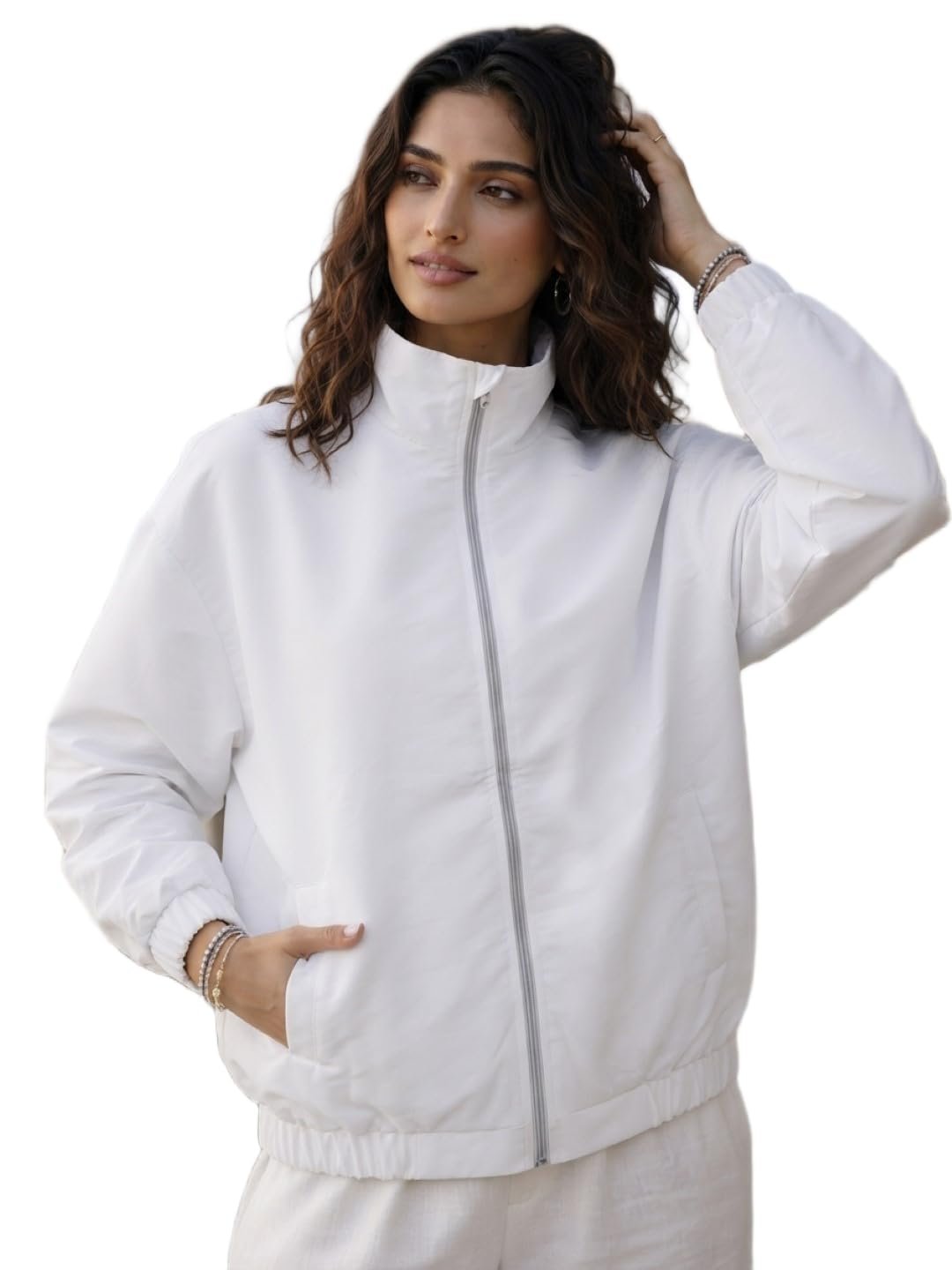White Water Resistant Jacket Women Winter Bomber Coat Zip Up Outerwear