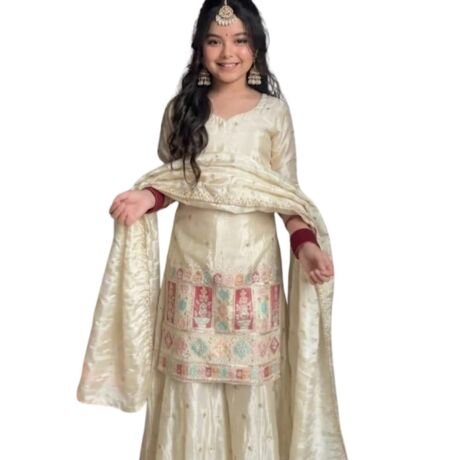 Girls Cotton Blend 3/4Sleeve Kurti Set with Dupatta Wear Dress Set for Kids Indian Festive Outfit for Girls (IN, Age, 14 Years, 15 Years, Cream)