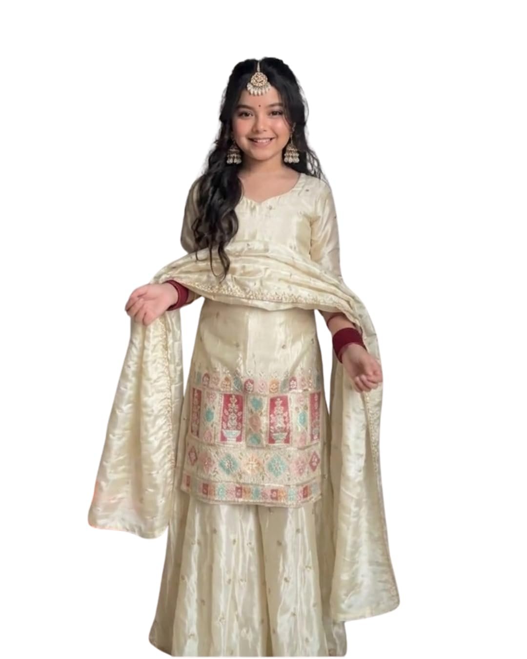 Girls Cotton Blend 3/4Sleeve Kurti Set with Dupatta Wear Dress Set for Kids Indian Festive Outfit for Girls (IN, Age, 14 Years, 15 Years, Cream)