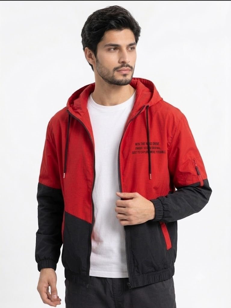 Men Jacket, Hooded Full Zip Color Block Windbreaker, Lightweight Casual Jacket with Long Sleeves, Drawstring Hood and Side Pockets - Image 3