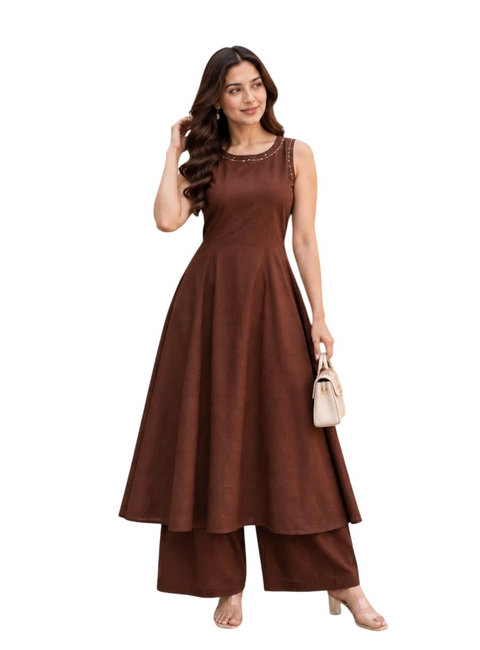 Rayon Kurta for Women | Sleeveless Kurti Set Woman | Anarkali Kurti with Palazzo | Plain Co Ord Outfit | Office Party Traditional Clothing for Womens (in, Alpha, Regular, Womens, Brown)