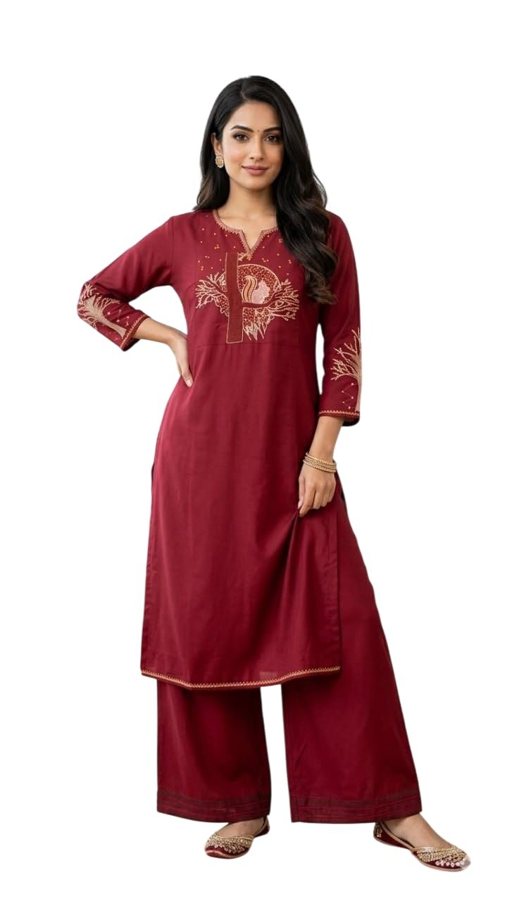 Women's Cotton A-Line Printed Co-Ord Set with Palazzo | Kurta Set for Women | A-Line Kurti Co-Ord Set | Printed Kurti Palazzo | Women Kurta Set (IN, Alpha, Regular, Wome, maroon)