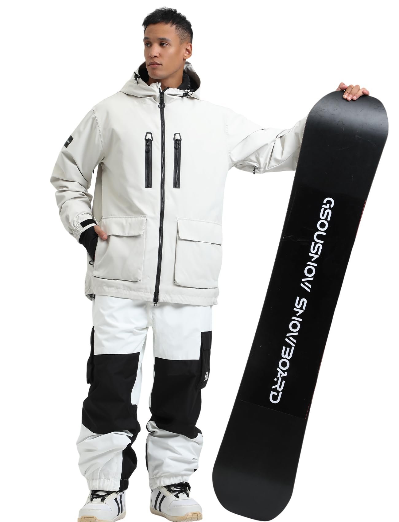 Men's Ski Jacket Snowboard Snow Coat Waterproof Windproof Insulated Winter Mountain Outdoor Sports Fixed Hooded, Beige, Large - Image 3