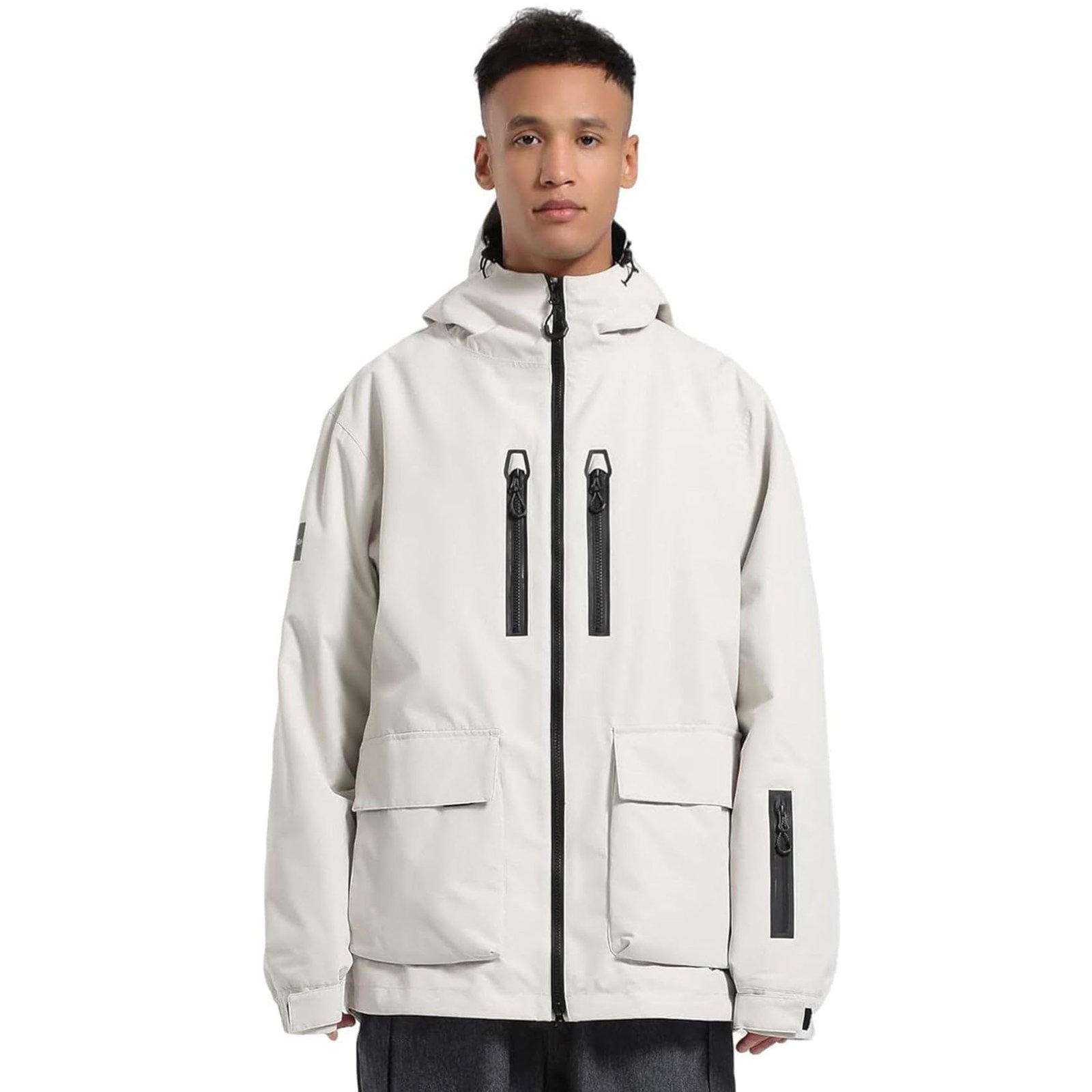 Men's Ski Jacket Snowboard Snow Coat Waterproof Windproof Insulated Winter Mountain Outdoor Sports Fixed Hooded, Beige, Large