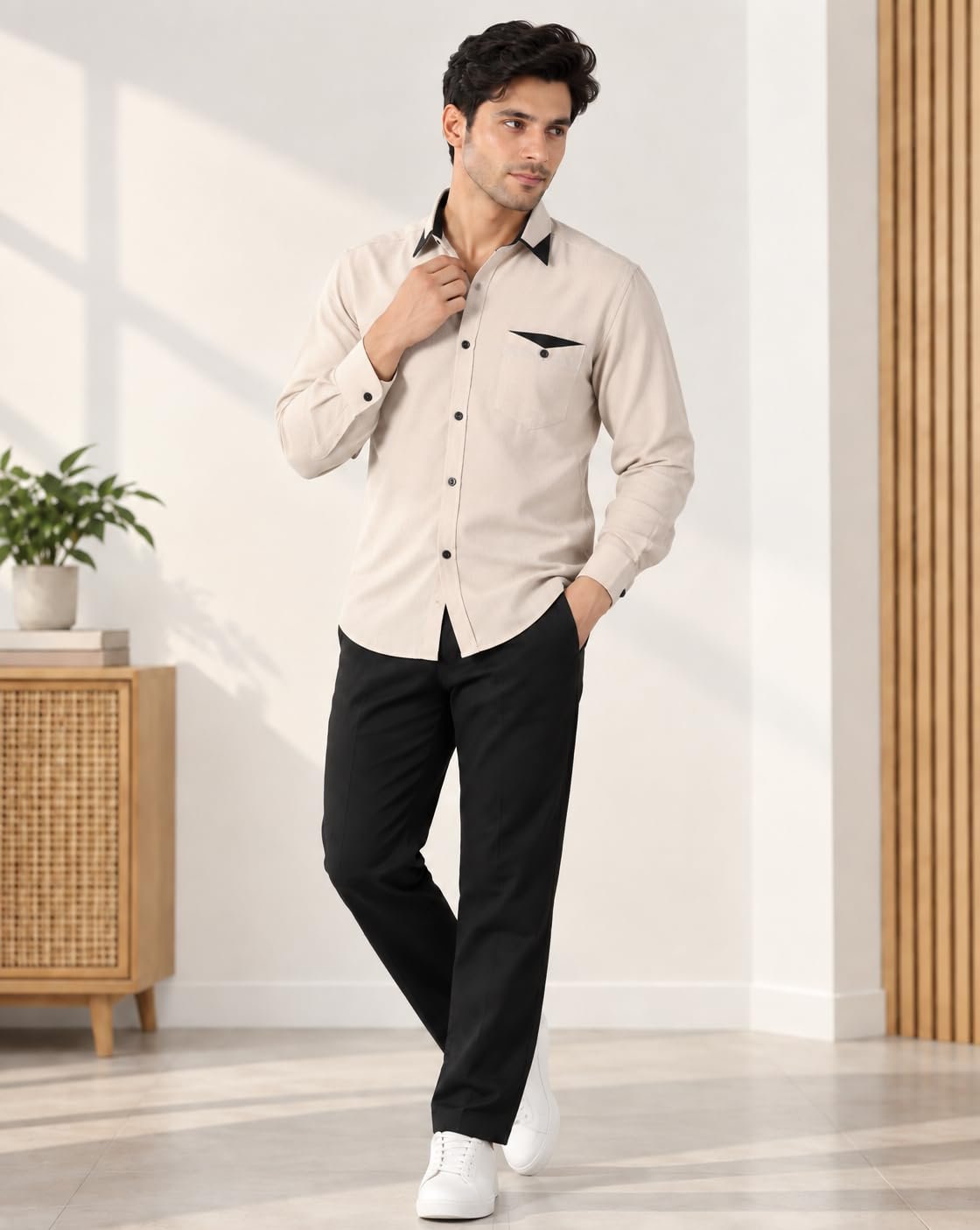 ® Men's Premium Formal Shirt | Regular Fit Full Sleeve Button Down Shirt with Contrast Collar & Pocket | Shirt for Men | Stylish Office, Business & Casual Wear (Full-Shirt-2054-Chiku) - Image 4