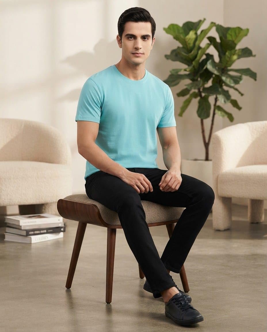 Men's Premium 100% Pure Cotton Crew Neck T-Shirt | 180 GSM Combed Cotton | Soft Breathable Regular Fit Half Sleeve Tee Sky Blue - Image 4