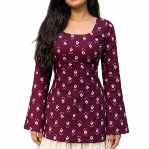 Women Rayon Printed Top | Bell Sleeve Kurti for Women | Stylish Side Slit Square Neck Top | Casual & Office Wear (in, Alpha, Regular, Wine)